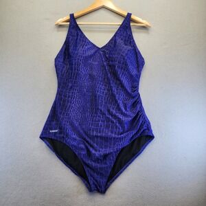 Speedo Purple Crocodile Print One Piece Swimsuit Ruched V-Neck Athletic Size 18
